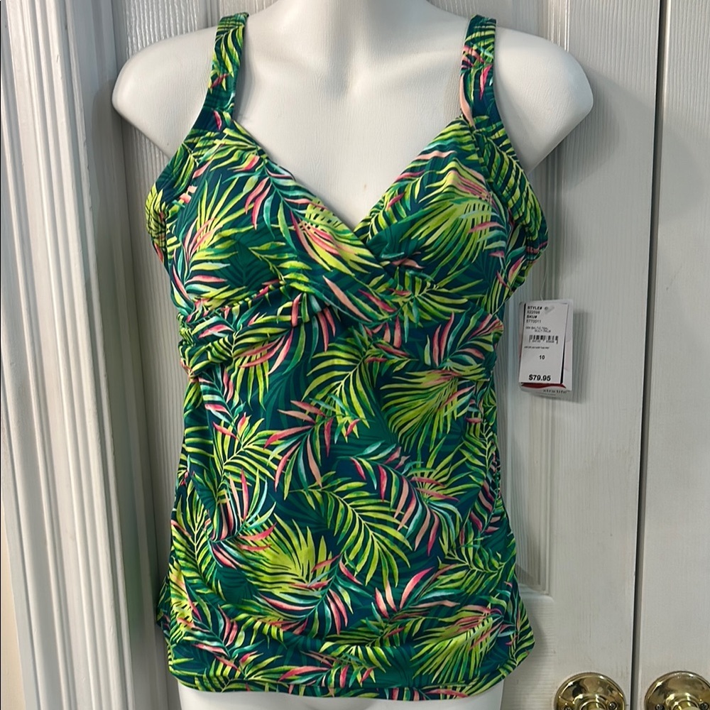Land’s End Tropical Leaf Print Underwire Wrap Tankini Swim Top SZ 10